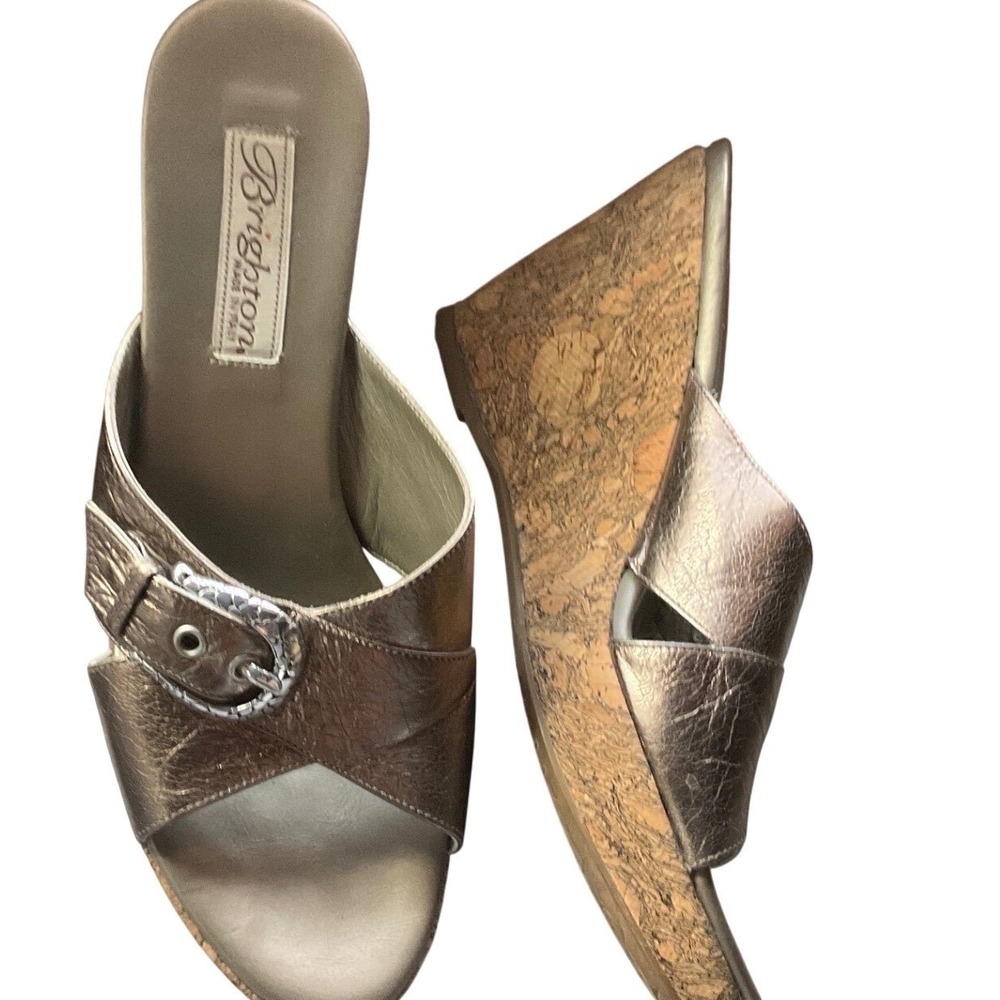 Brighton Wedge Sandals Women 7 Metallic Bronze Leather Cork Platform Slide Italy